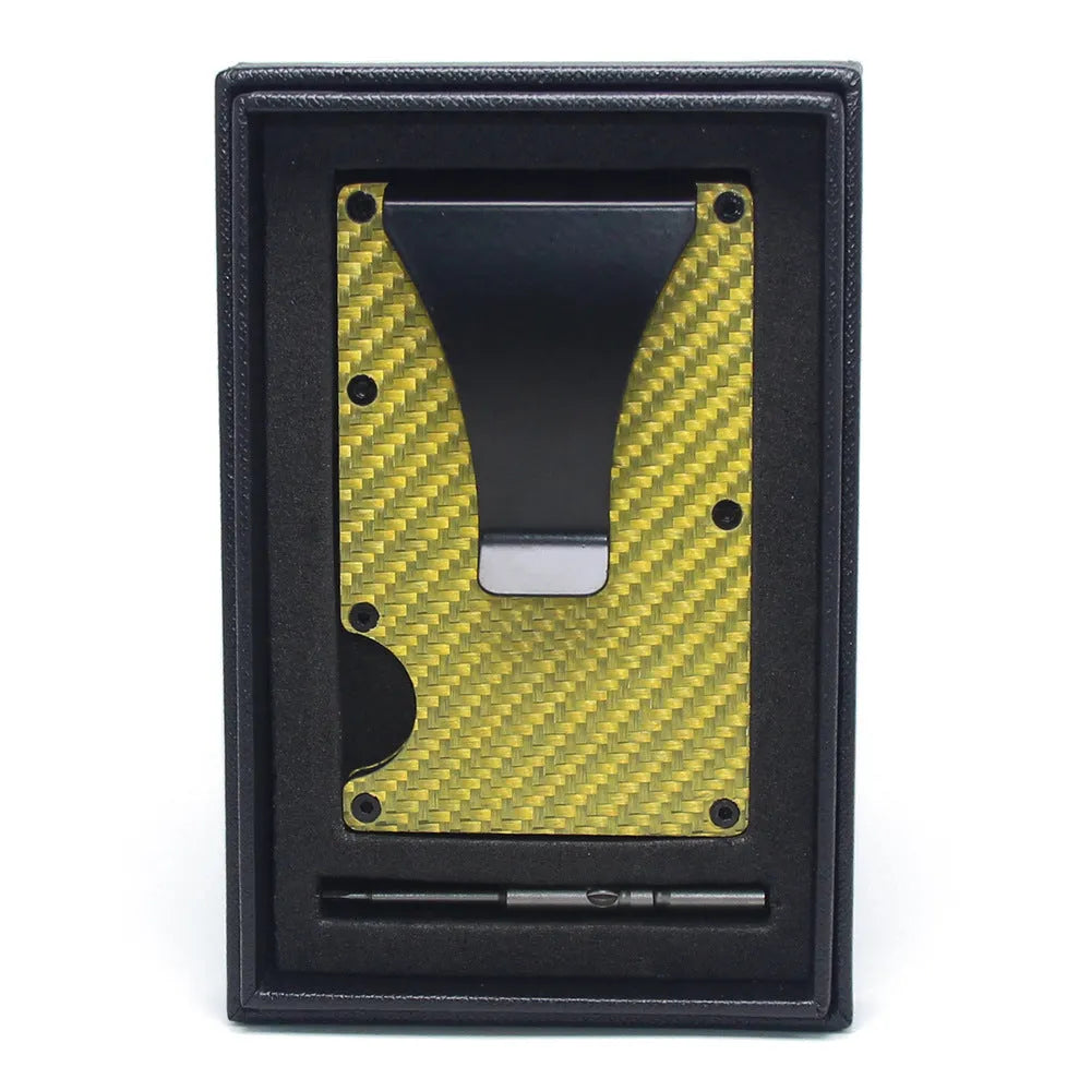Carbon fibre and aluminium card holder wallet in multiple colours, showing 8 mm thickness.