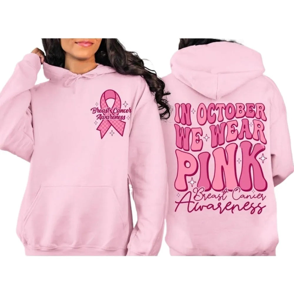 Pink breast cancer awareness pullover hoodie with a retro hot stamping pattern and a side seam pocket.