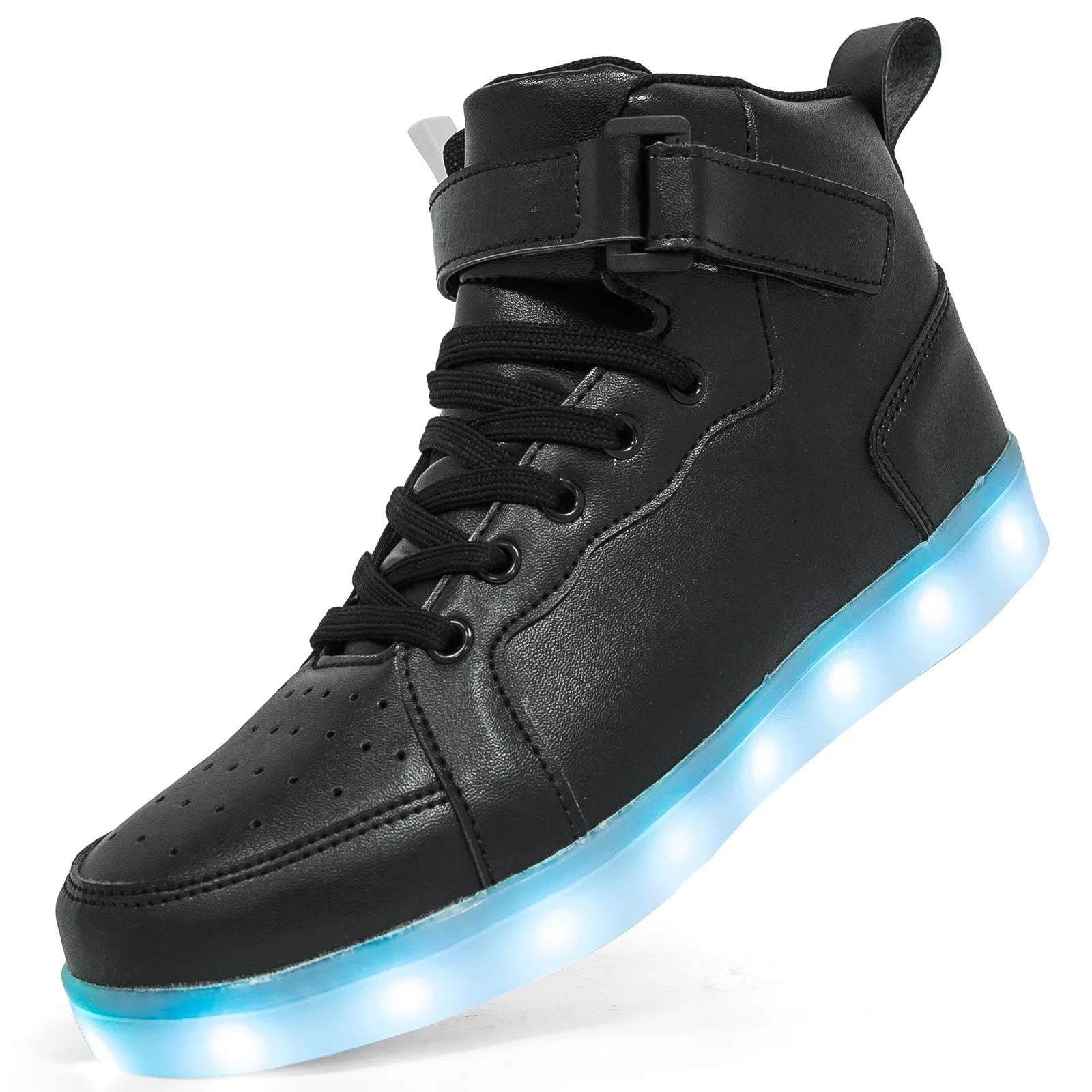 High-top trainer with LED lights on the side, Velcro strap closure, shown in gold colour.
