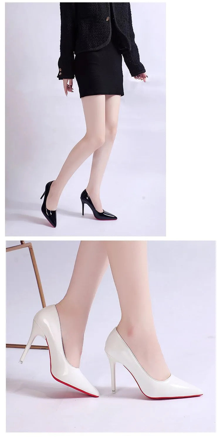 Women's solid colour stiletto heel pump with pointed toe and shallow mouth cut on a rubber sole.