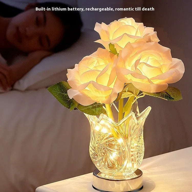 Modern crystal flowers bedside table lamp with USB charging port and touch-sensitive dimming control.