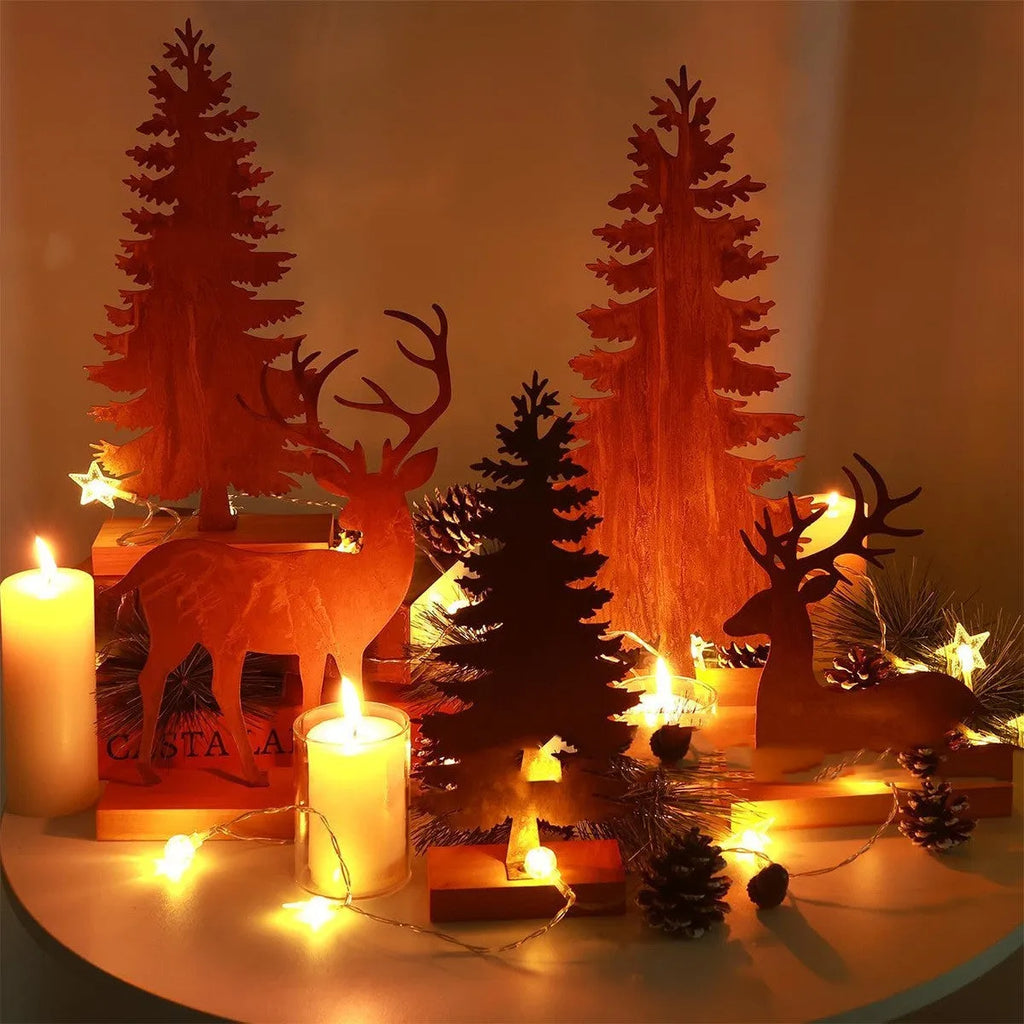 Set of three rustic metal Christmas tree ornaments featuring elk designs in weathered iron finish.