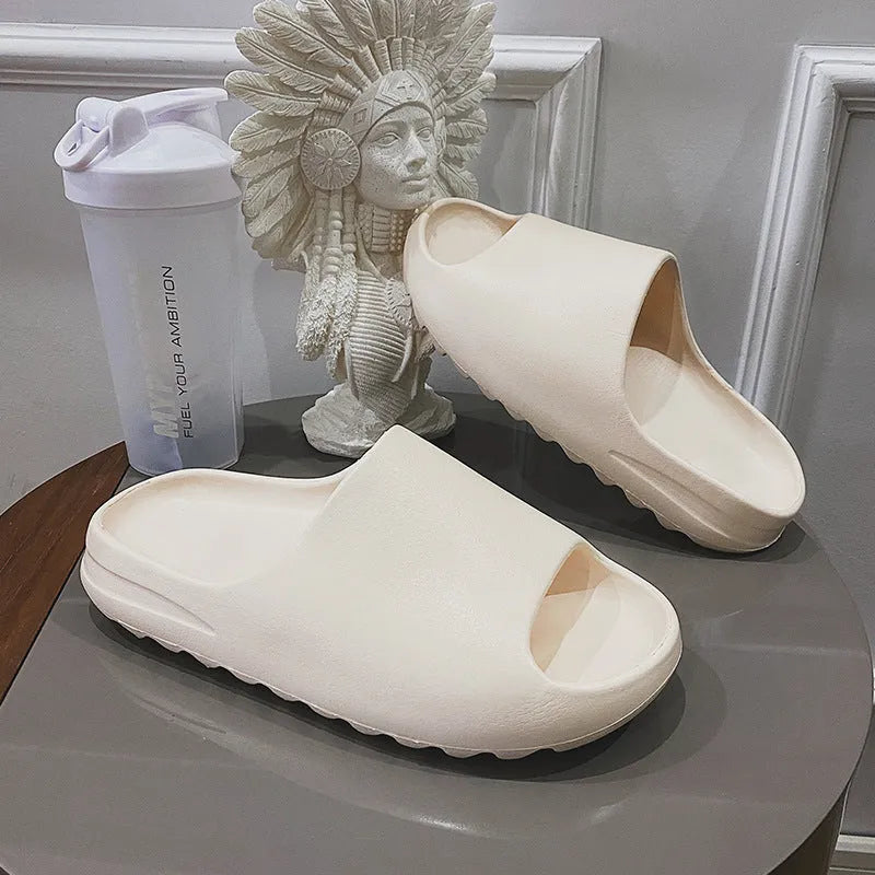 Women's thick bottom beach slippers in beige, black, brown, or green colours with EVA soles