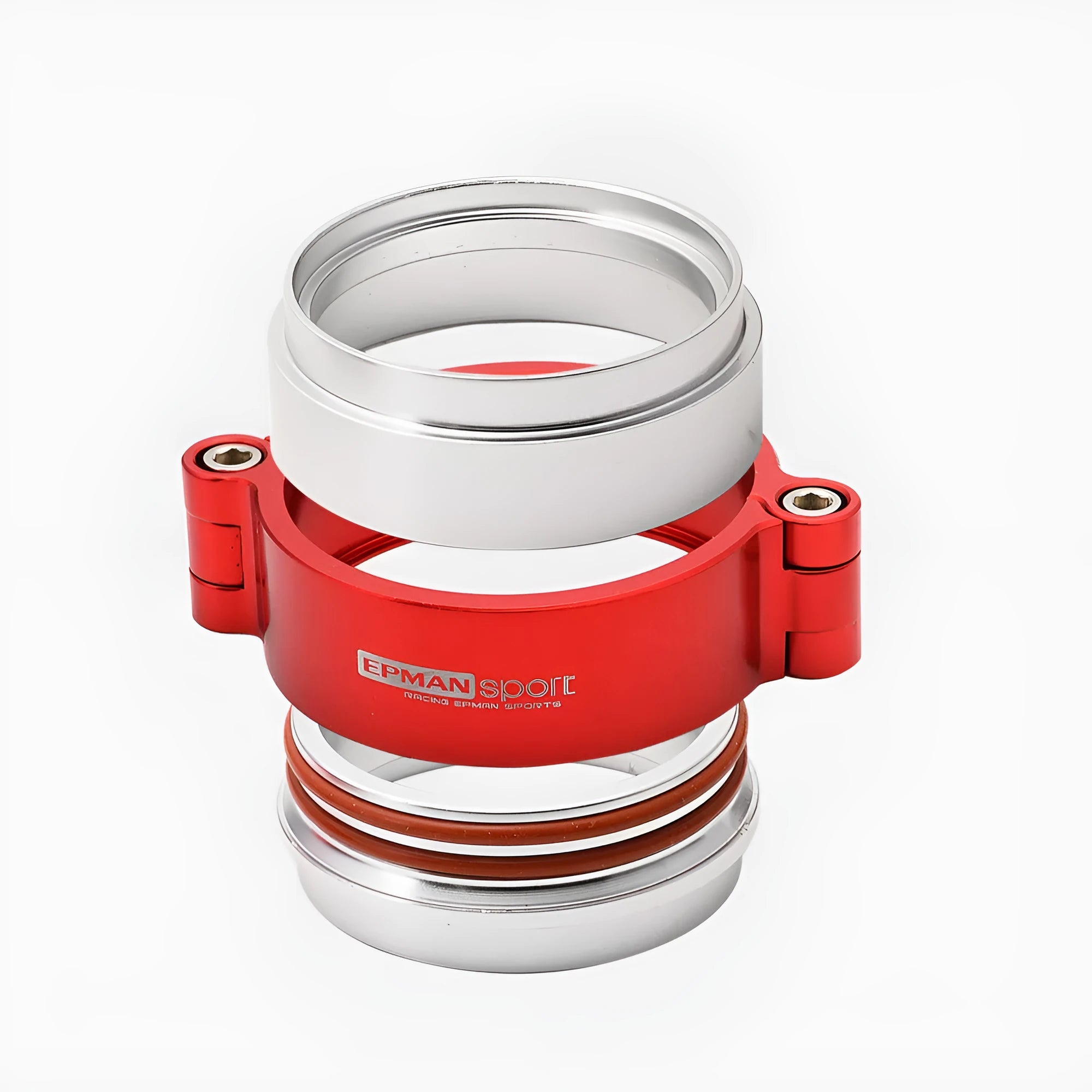 Aluminium fixed movement exhaust clamp for turbo applications in black, blue, or red.