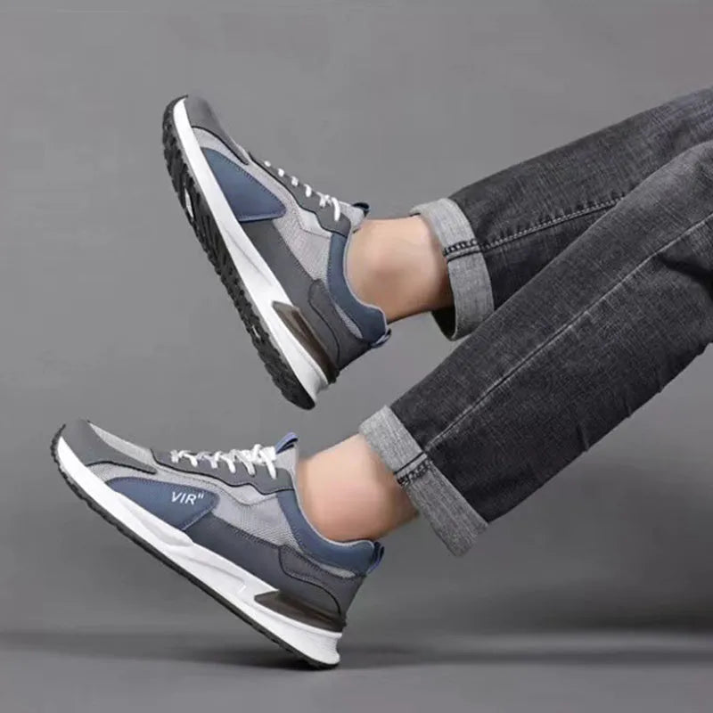 Men's colour block mesh lace-up sneakers in grey on a white background