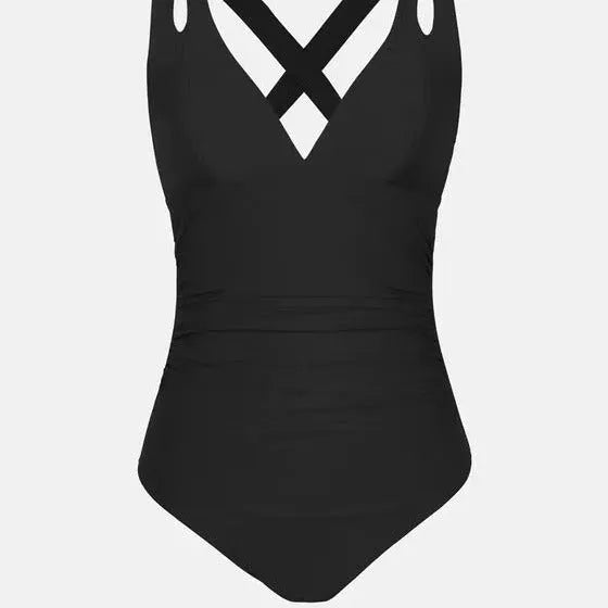 Solid colour one-piece cross shoulder strap swimsuit with nylon lining in image colour
