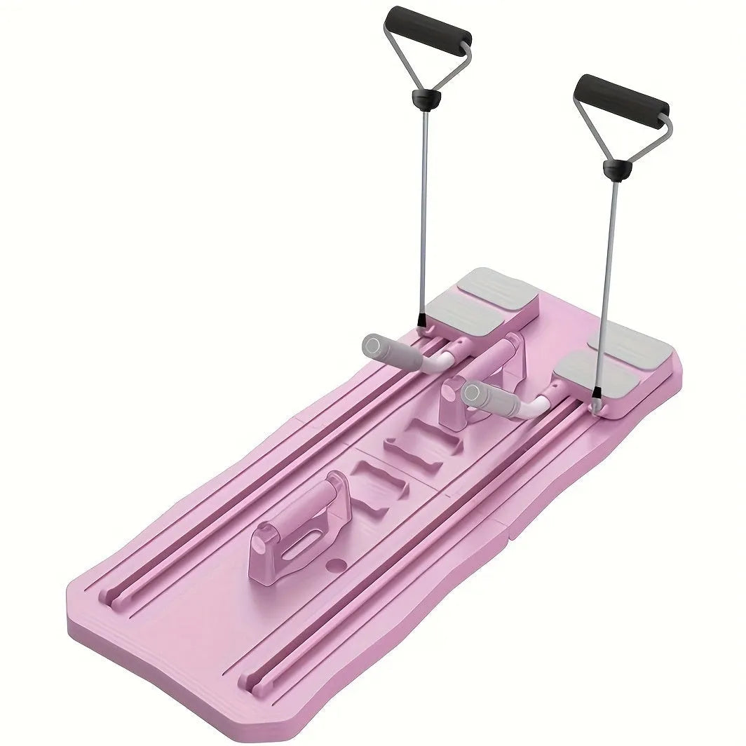 Blue and pink multifunctional ABS supine fitness board with wheel for home core workouts.