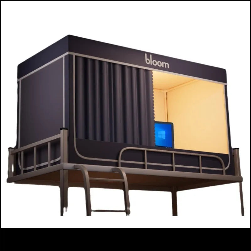 Gentleman Grey integrated mosquito net and light blocking bed curtains for a 0.9 metre bed with a tent design.