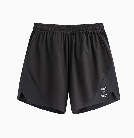 Black and blue four-point stretch running shorts with laser-punched stitching for training.