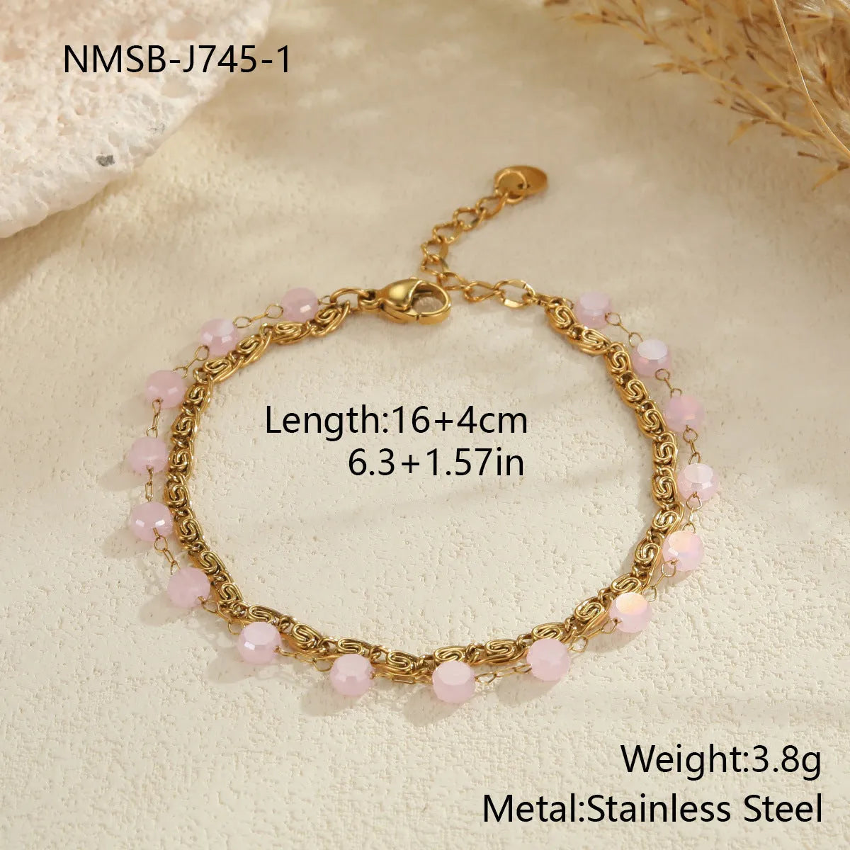 Colorful beaded stainless steel gold-plated double layer clavicle necklace for women on white background