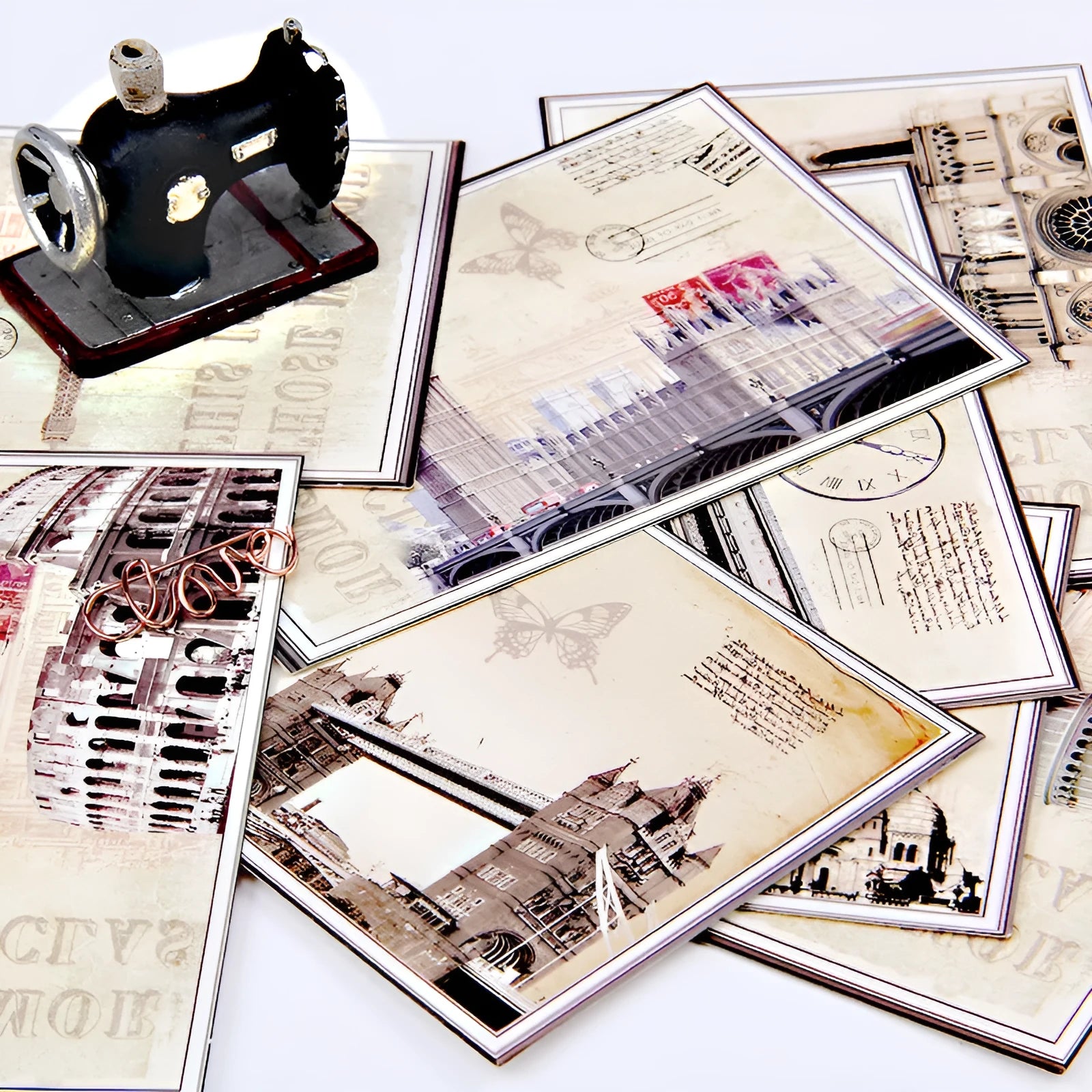 Set of nine minimalist cartoon-style postcards depicting retro Paris Eiffel Tower and historic sites