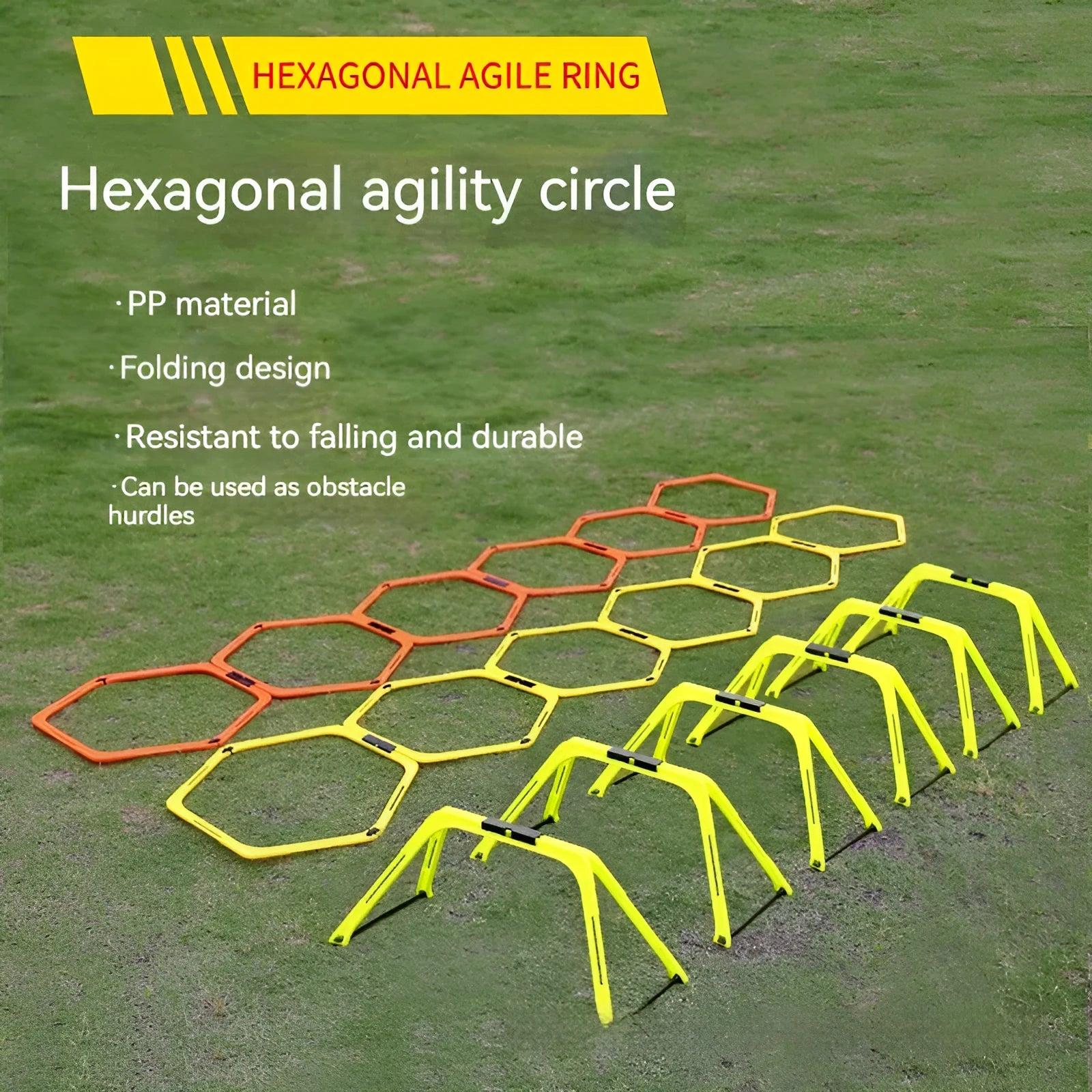 Six foldable yellow, green, and orange hexagon football agility training rings laid out on grass.