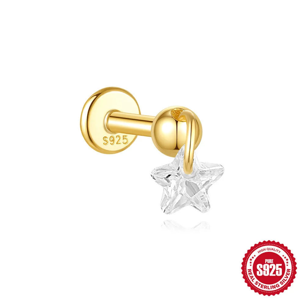 S925 sterling silver geometric earrings with moon and embedded star design in gold colour