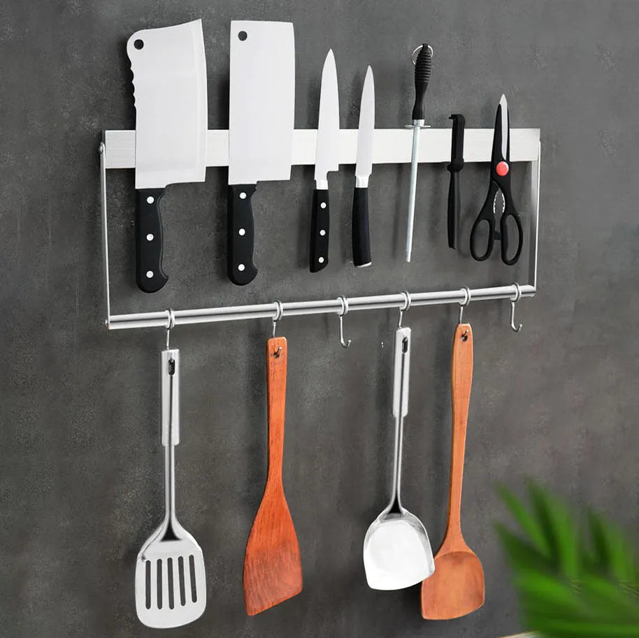 Stainless steel wall-mounted knife storage rack with multiple length options for organised kitchen