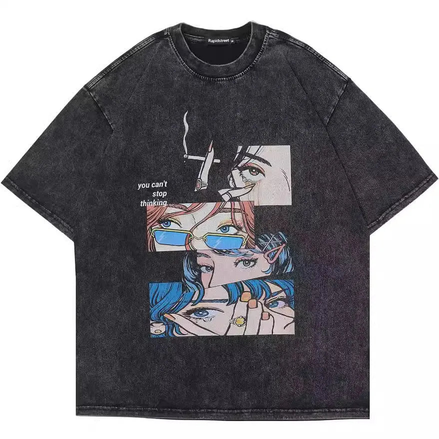 Men's retro style cotton t-shirt with cartoon print design in short sleeve loose fit for summer wear