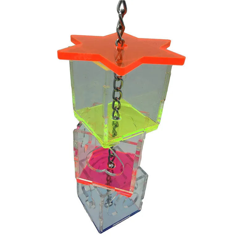Clear acrylic bird foraging toy for parrots measuring 32 cm long