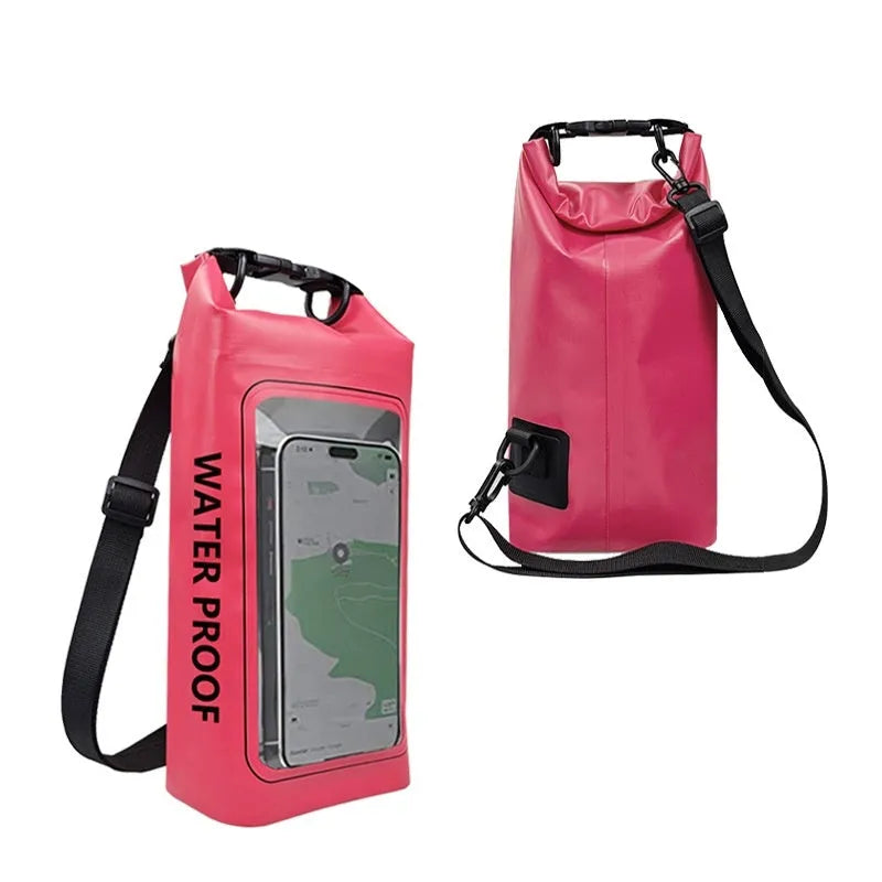 Army Green PVC waterproof crossbody bag with strap, shown in 2L and 5L sizes for swimming and beach use.