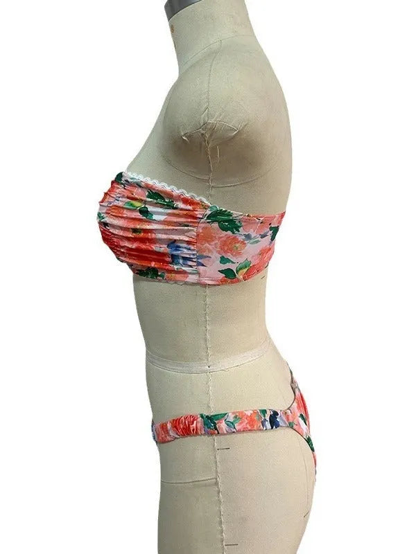 Women's floral printed bikini set with lace-up tube top and coordinating shorts for swimming