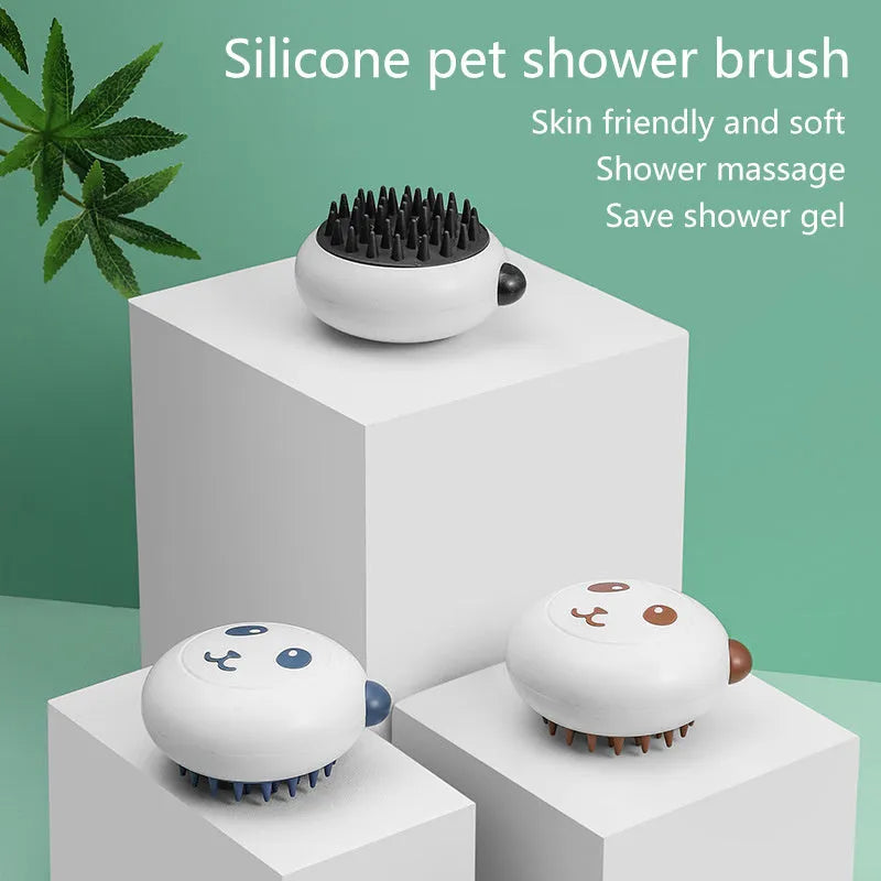 Panda-shaped silicone pet bath brush with soft bristles for cats and dogs.