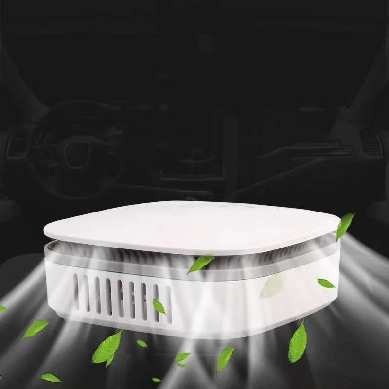White USB air purifier for car use with negative ion technology and composite filter.