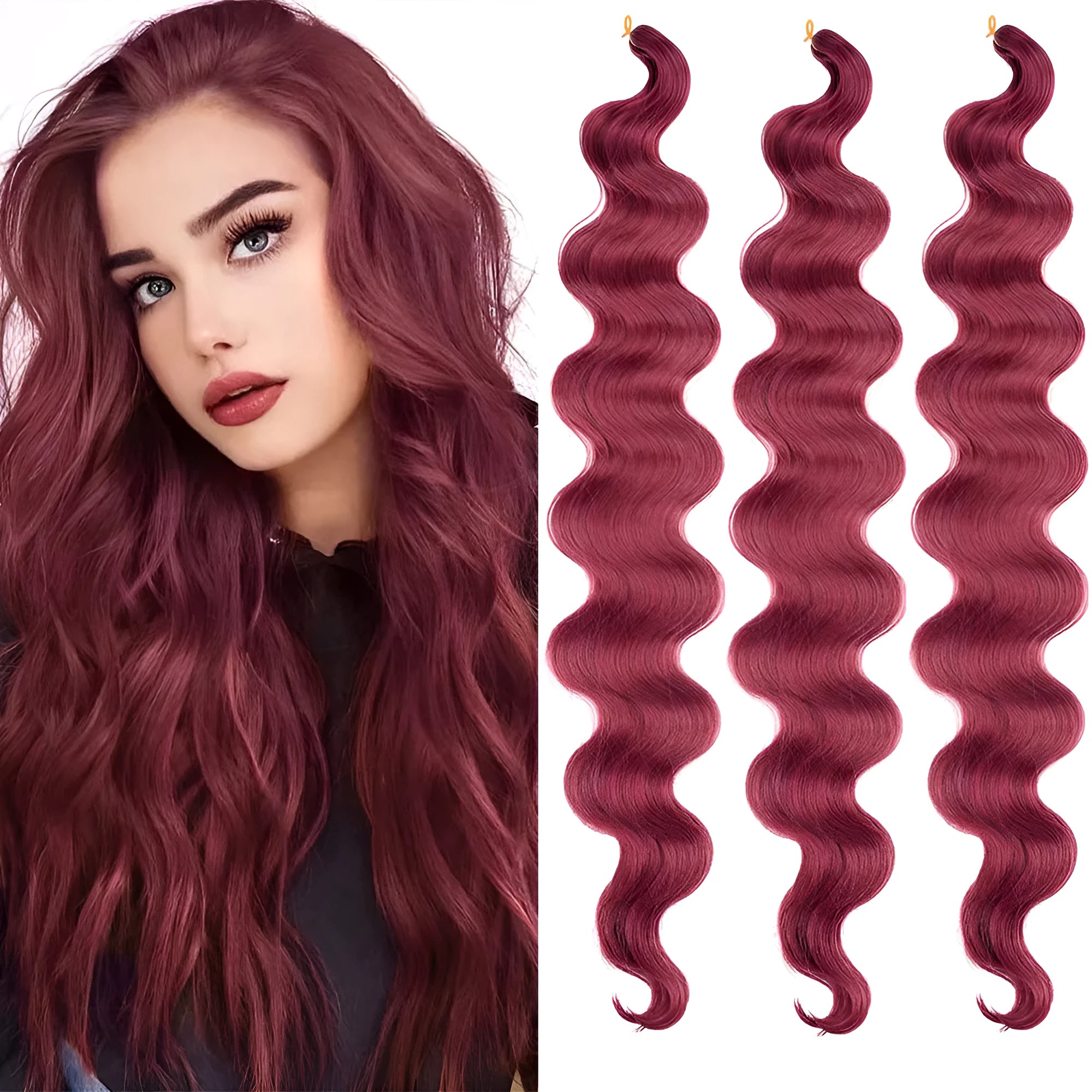 Wine red synthetic crochet braid wig with big loose waves, shown at 24 inches in length.