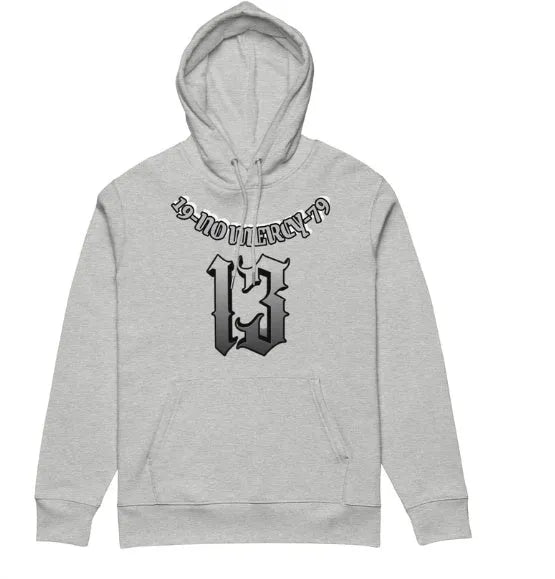 A loose-fit hooded grey sweater with a fleece lining, shown as an example of team uniform leisurewear.