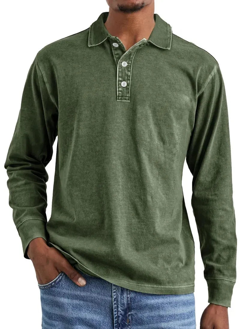 Retro washed distressed cotton lapel long sleeve polo shirt in pure cotton fabric