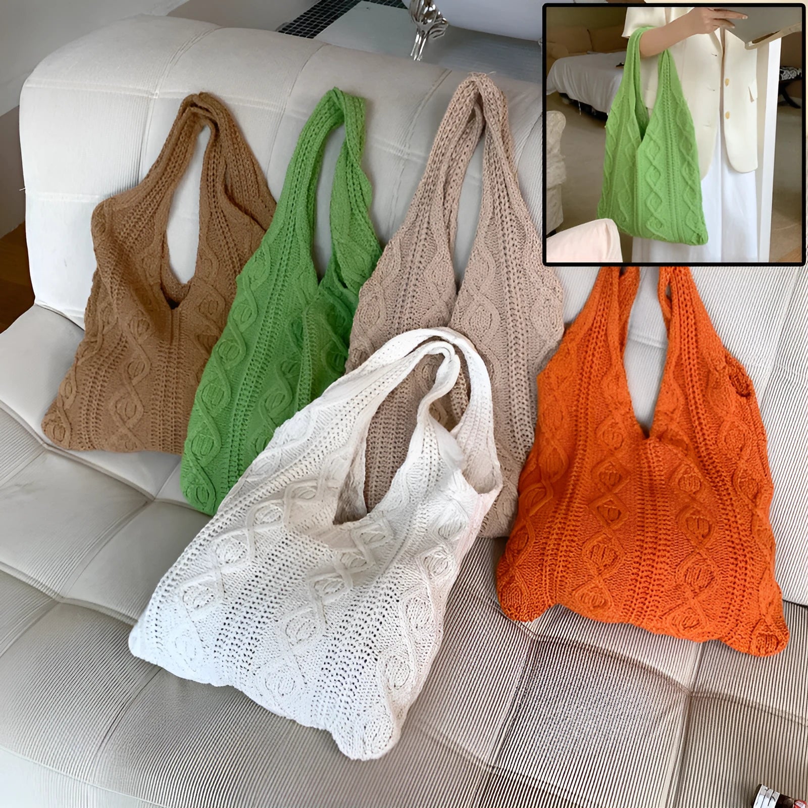 Retro style hollow knitted women's tote bag in a solid colour with double shoulder straps
