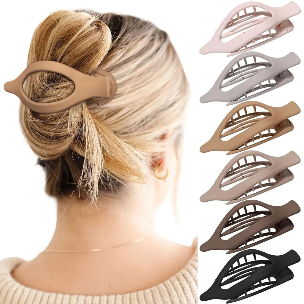 Six rose red plastic hair clips with frosted grip surface and quadrilateral pointed toe design