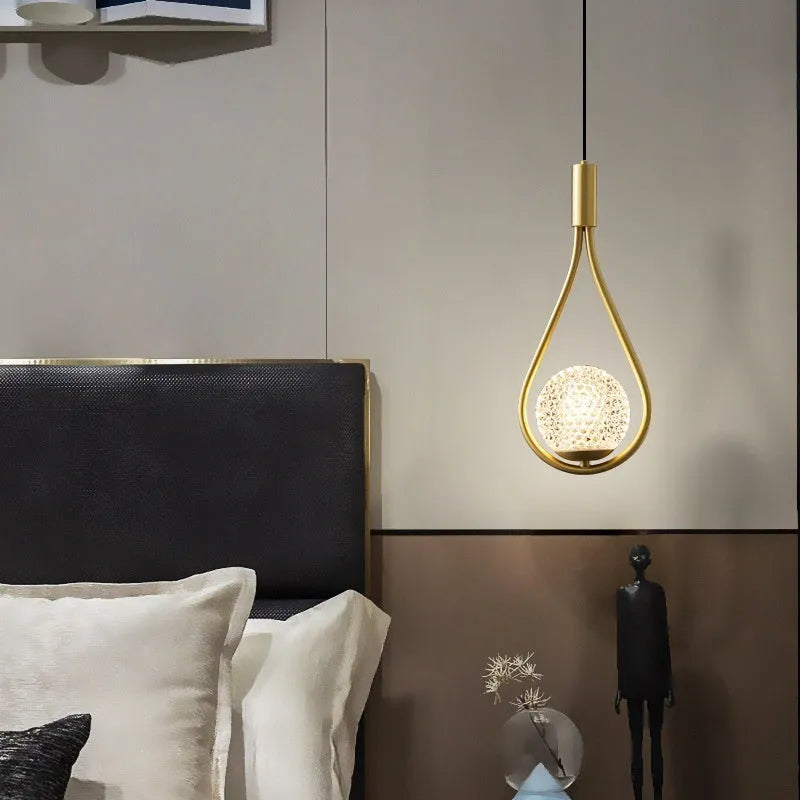 Copper modern minimalist bedroom bedside chandelier with selectable light covers including copper milky white, honeycomb, and black gold options
