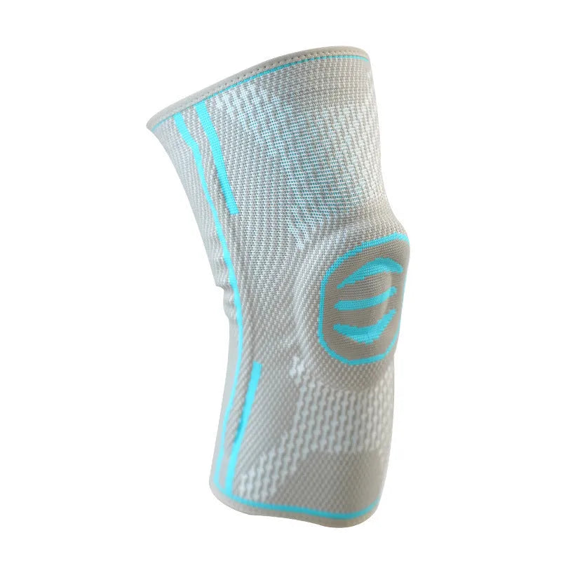 Cotton mountaineering knee pads in green, blue and yellow colours showing knee protection design