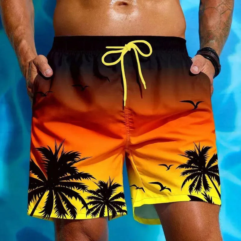 Men's loose board swimming trunks in polyester fiber with ethnic style pattern available in multiple colours