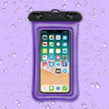 Orange waterproof phone pouch with clear window and black neck rope on a blue background.