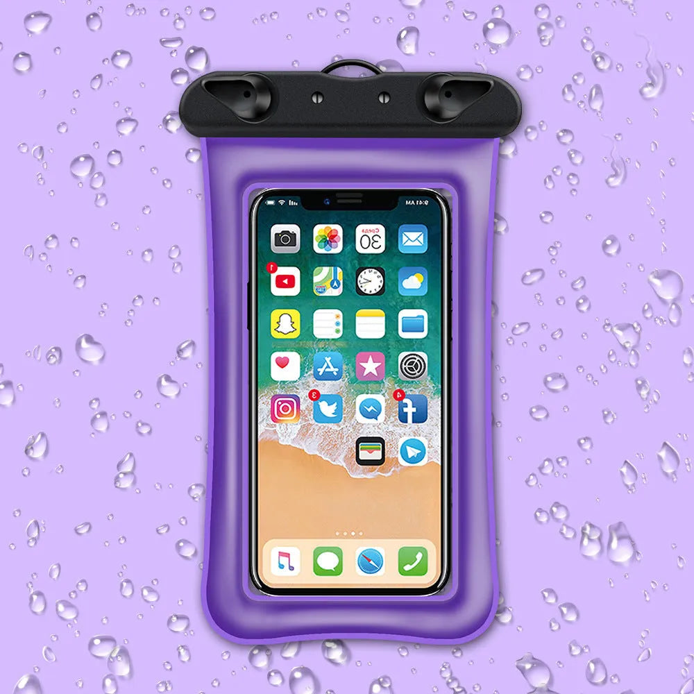 Orange waterproof phone pouch with clear window and black neck rope on a blue background.