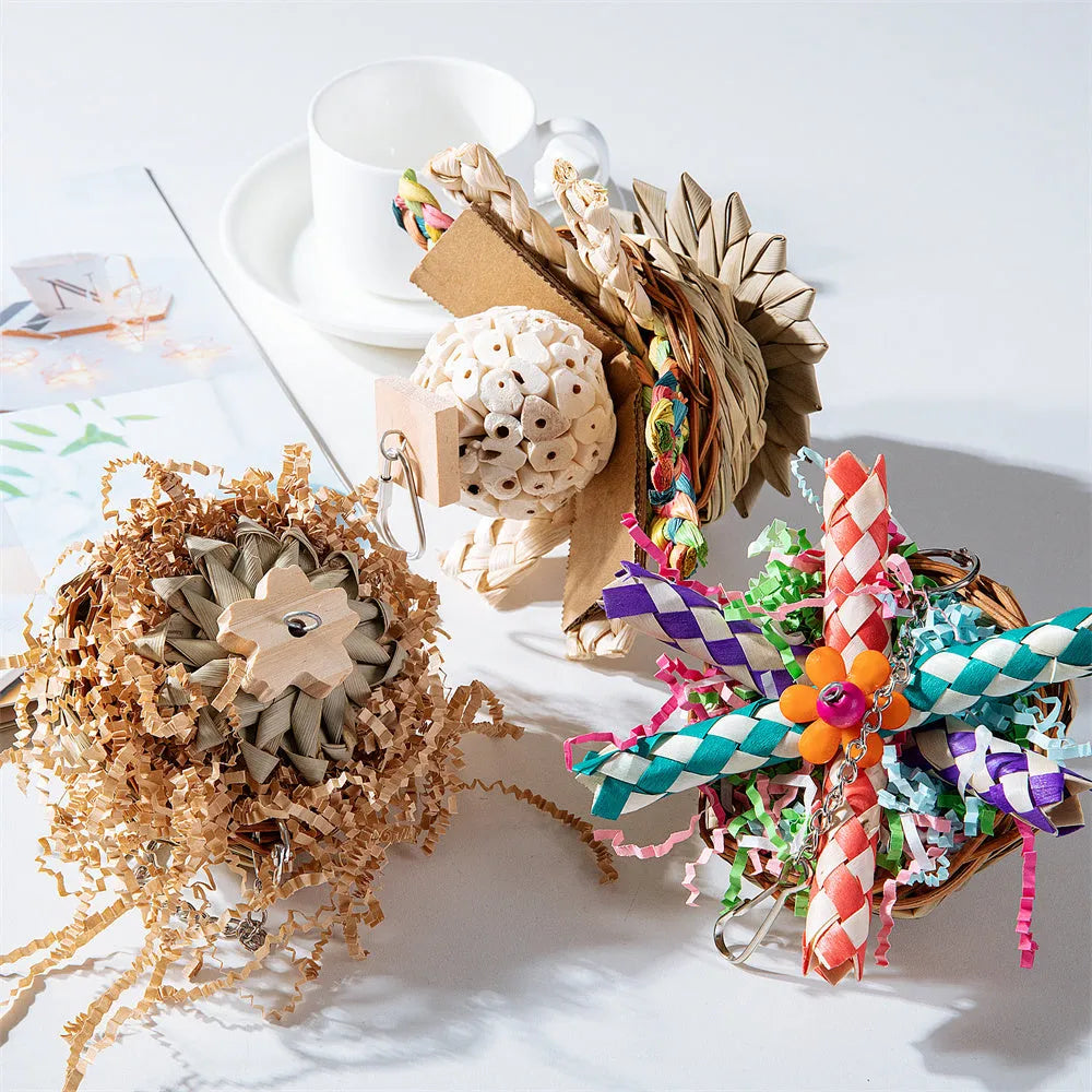 Set of three bird chewing toys for parrot gnawing and molar activities