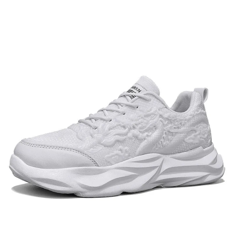 Chinese Loong breathable fly knit sneakers with dragon pattern and rubber sole in gold, white, or black colours