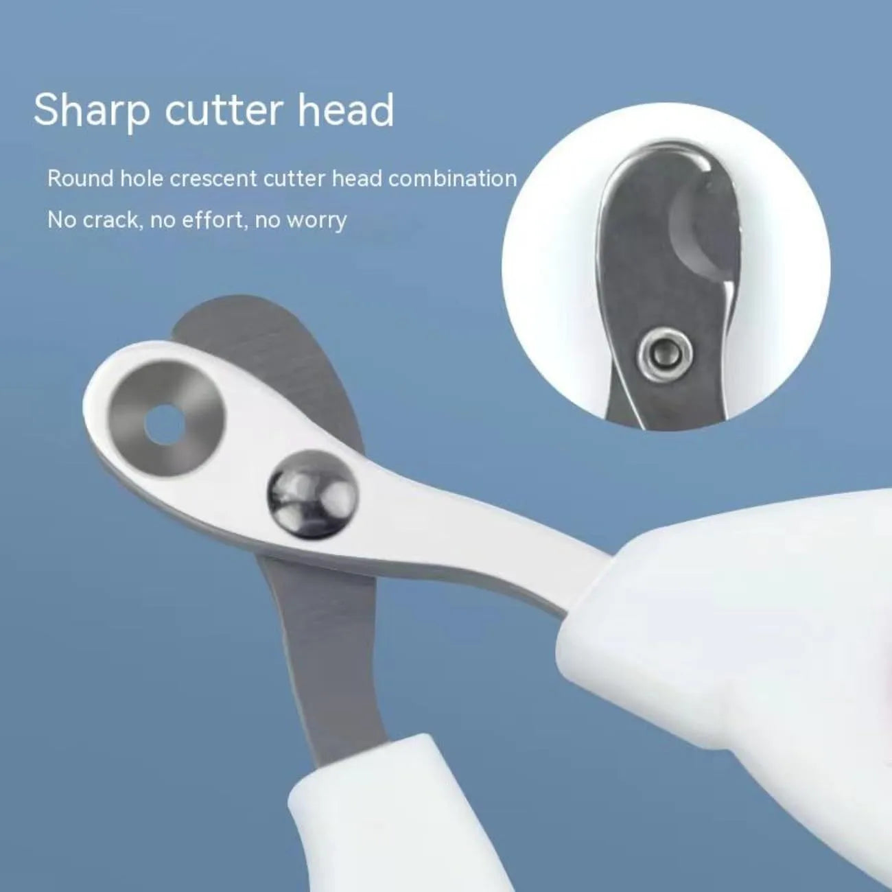 Blue pet nail clippers with circular cutting hole and cushioned non-slip handles on a white background.