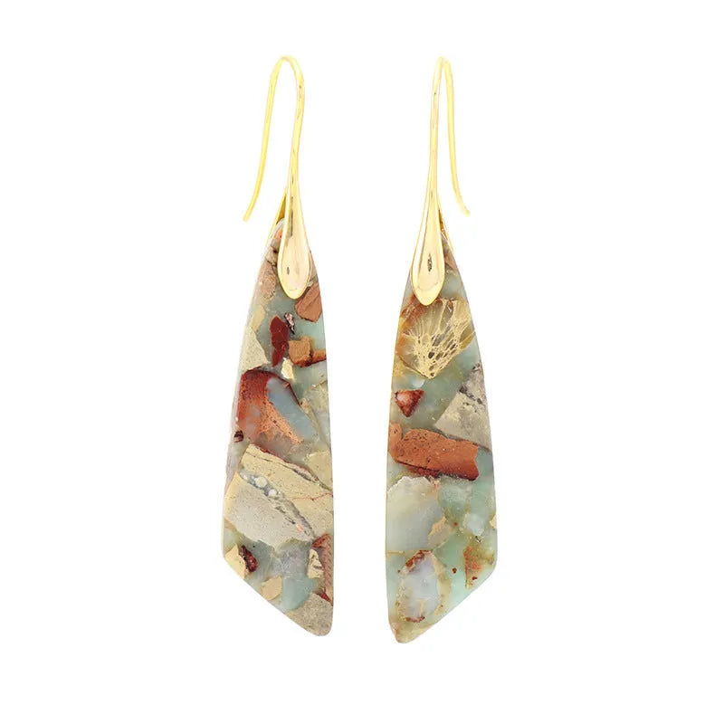 Pair of natural stone geometric water droplet earrings with Shoushan silver platinum colour retention copper ear hooks on neutral background