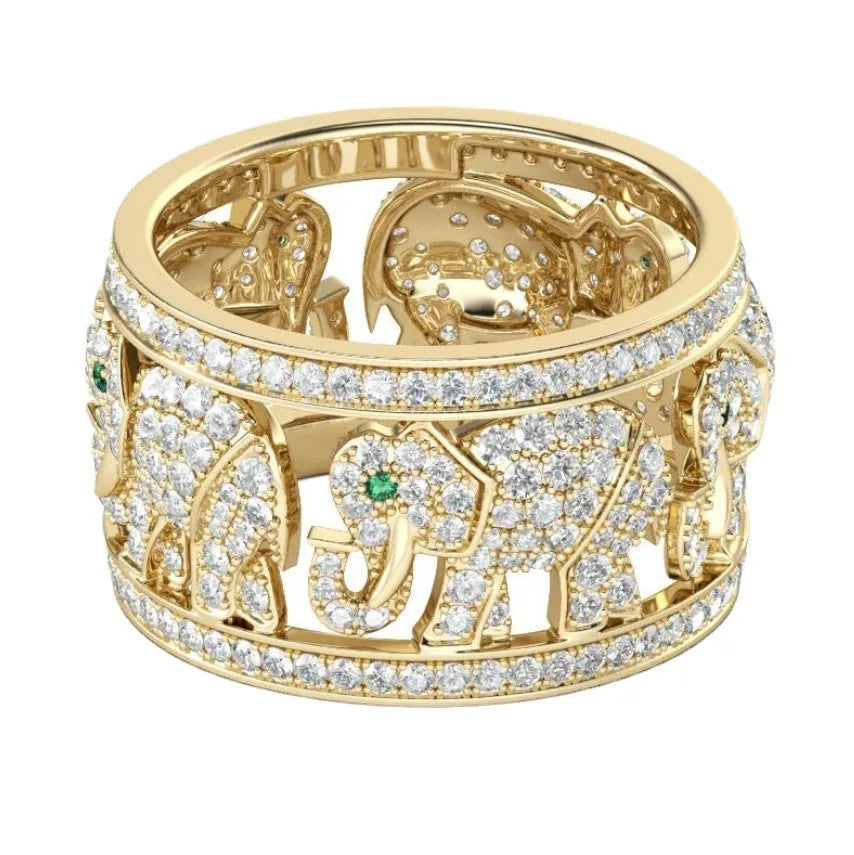 Close-up of a creative alloy ring featuring a detailed elephant design with diamond accents on a finger.