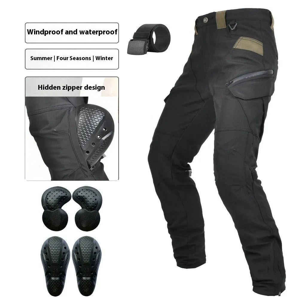 Men's black and green waterproof motorcycle cycling trousers with detachable protective gear set.