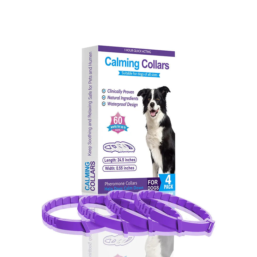 Four dog anxiety relief collars in different colours with monochrome Chinese style pattern
