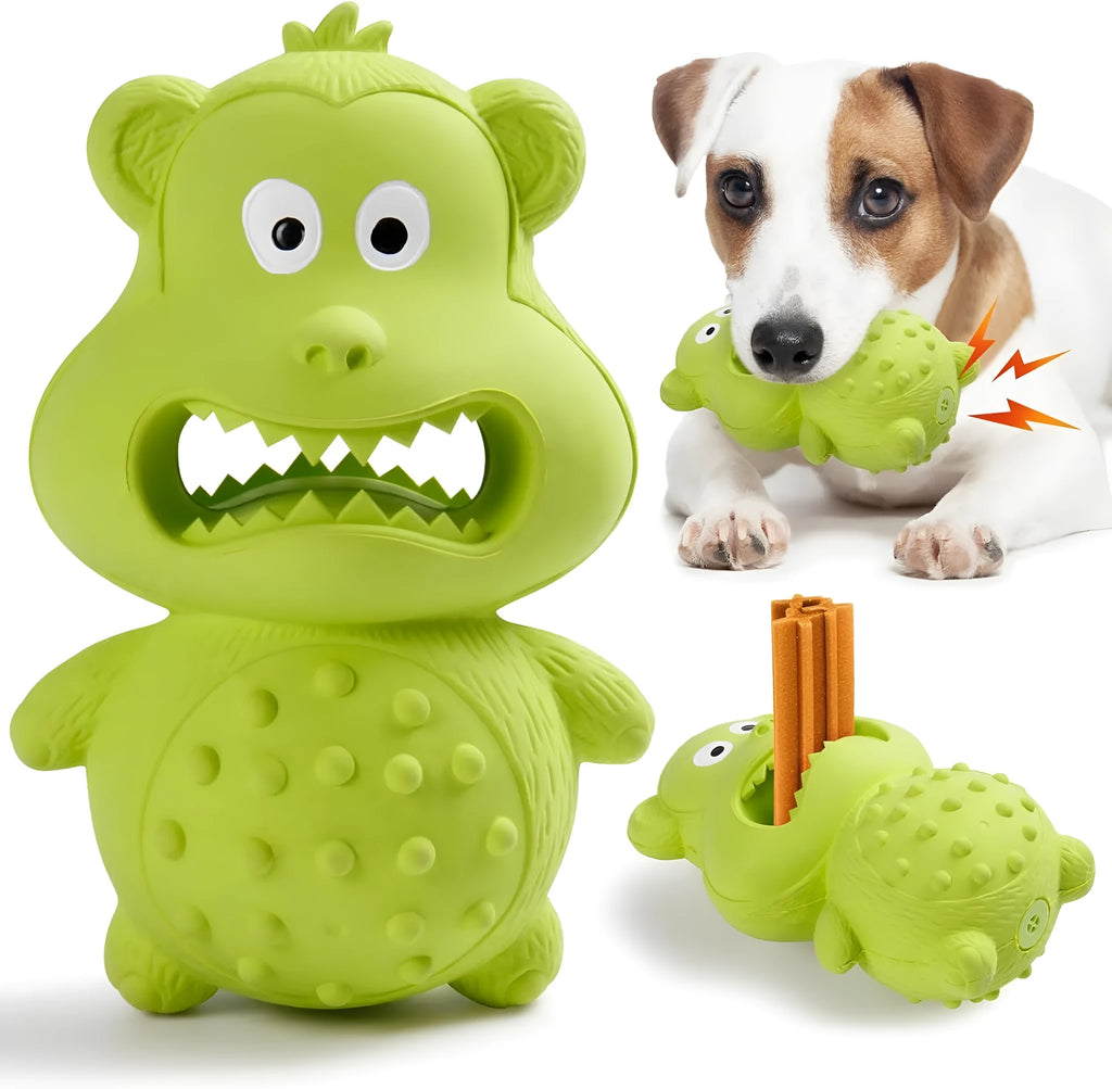 Green and yellow natural rubber squeaky dog chew toy for aggressive chewers.