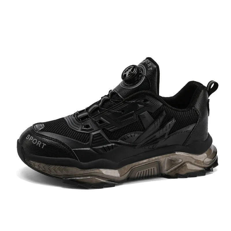 Men's black rotating button dad shoes with mesh upper and platform sole.