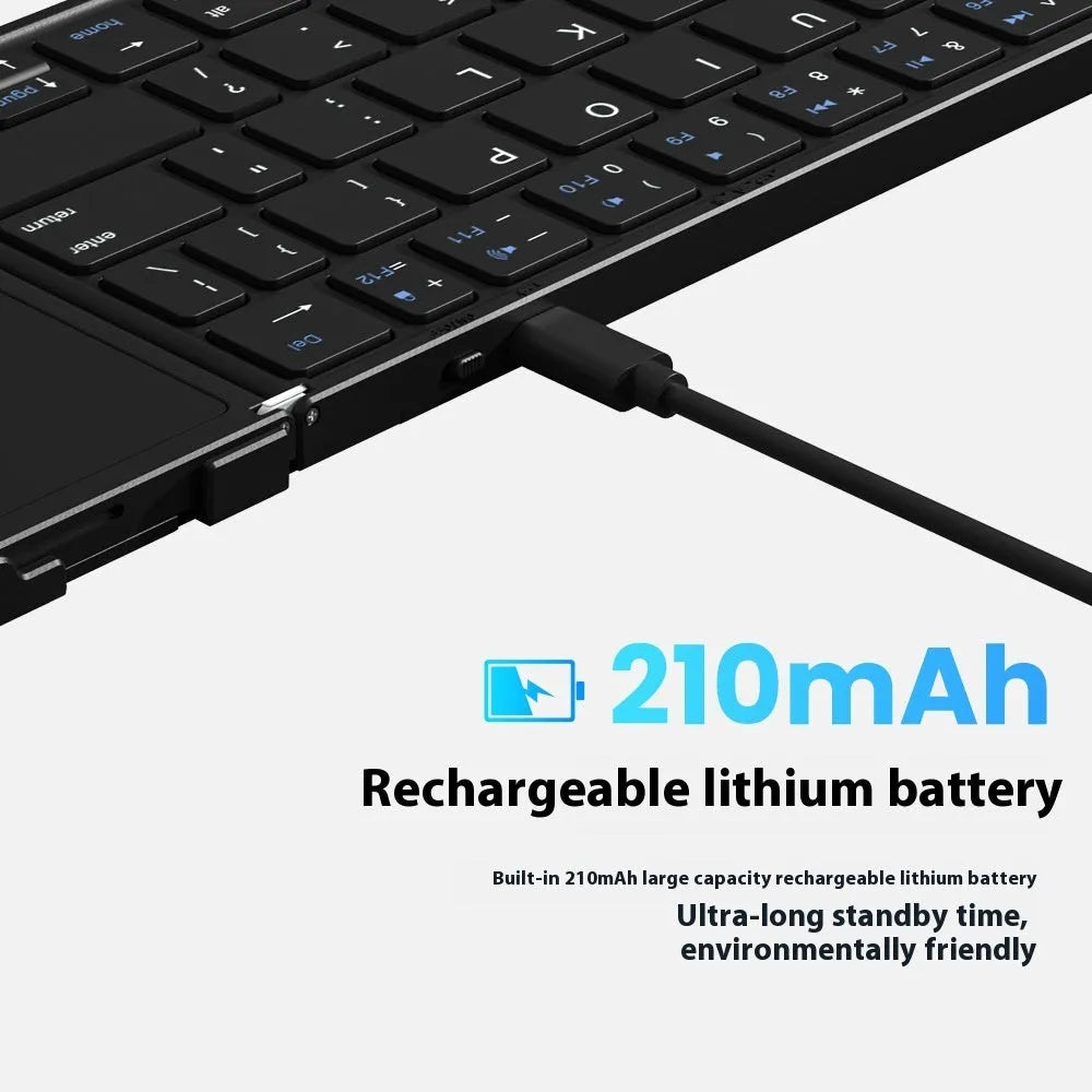 Black folding Bluetooth keyboard for mobile phones and tablets shown unfolded.