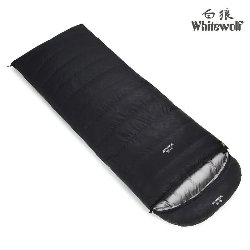 Black outdoor sleeping bag with envelope structure, showing goose down fill and durable nylon fabric.