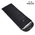 Black outdoor sleeping bag with envelope structure, showing goose down fill and durable nylon fabric.