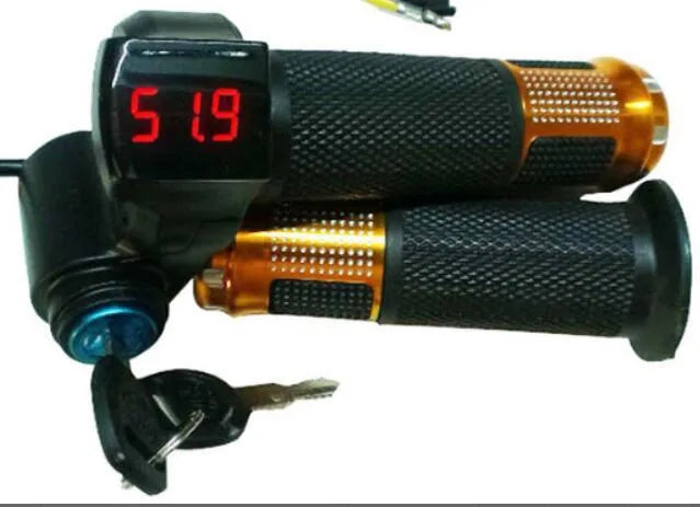 Electric vehicle handlebar section in multiple colours showing 5-core wiring and IPX4 waterproof rating