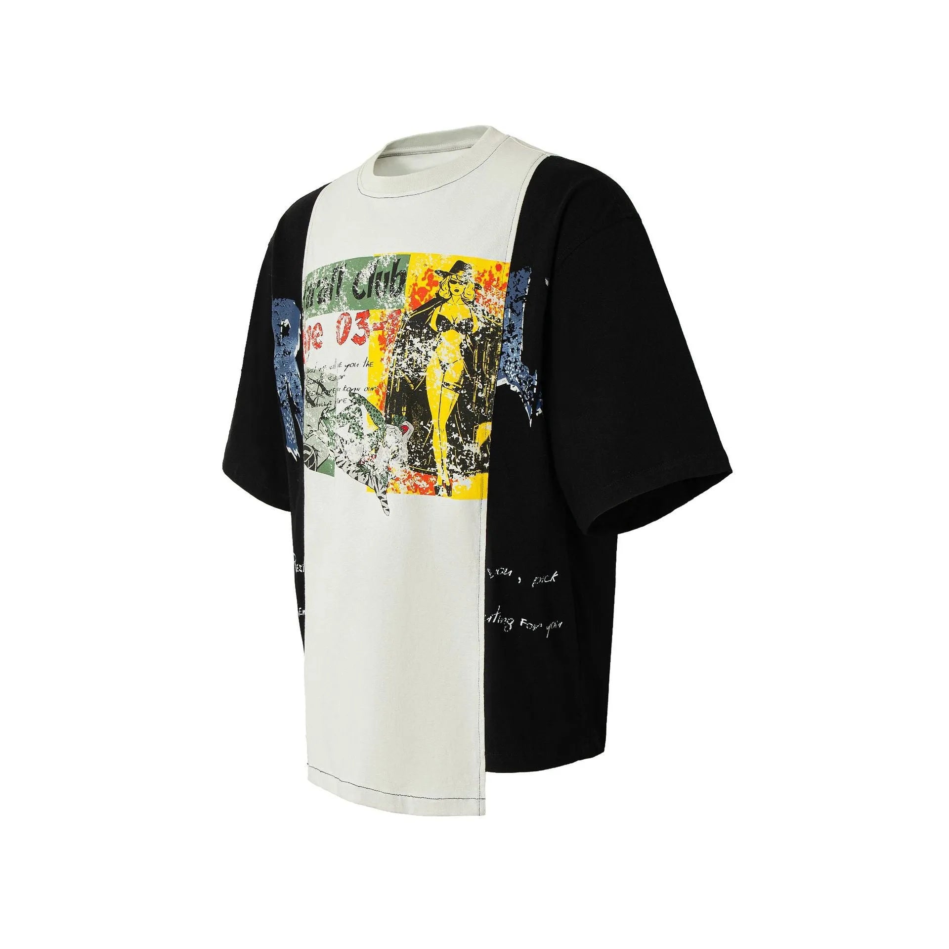 Black and white deconstruction print oversized t-shirt with stitching detail on cotton blend fabric