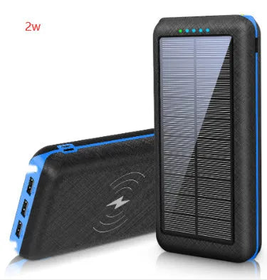 Black wireless solar power bank with Qi charging pad, three USB ports and an LED flashlight