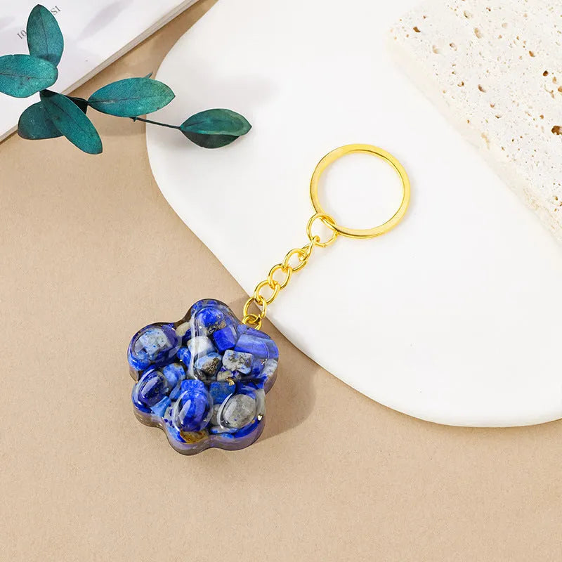 Natural crystal cat's paw keychain with small pendant and gemstone beads